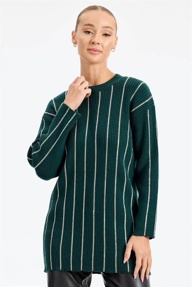 Şerit Taş Yapıştırmalı Fitilli Tunik ZÜMRÜT