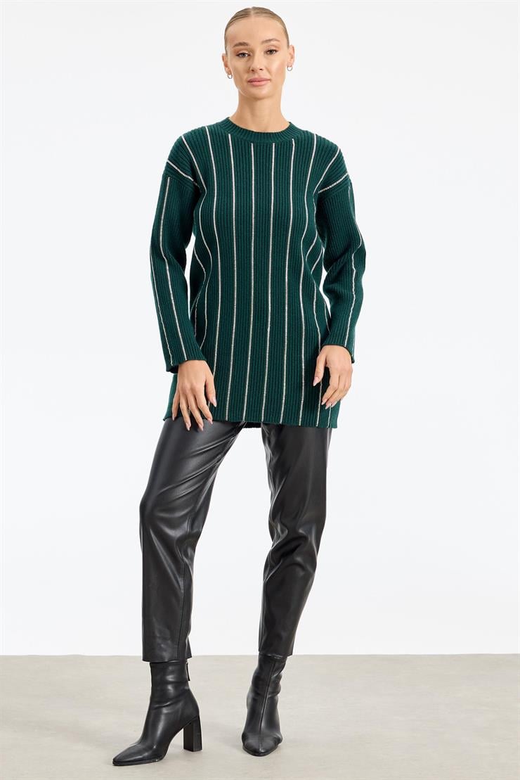 Şerit Taş Yapıştırmalı Fitilli Tunik ZÜMRÜT