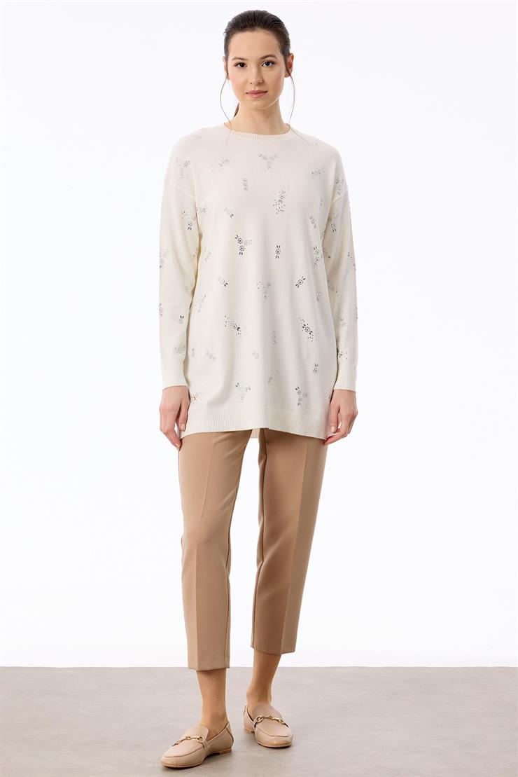 Serpme Çiçek Taşlı Tunik EKRU