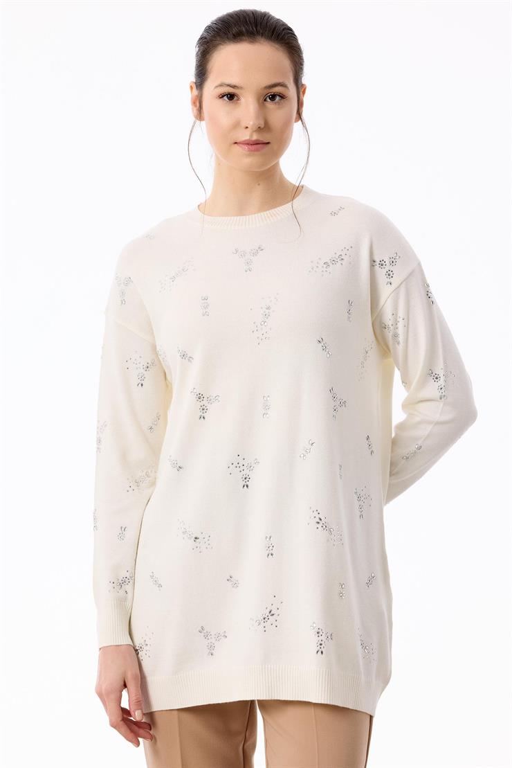 Serpme Çiçek Taşlı Tunik EKRU