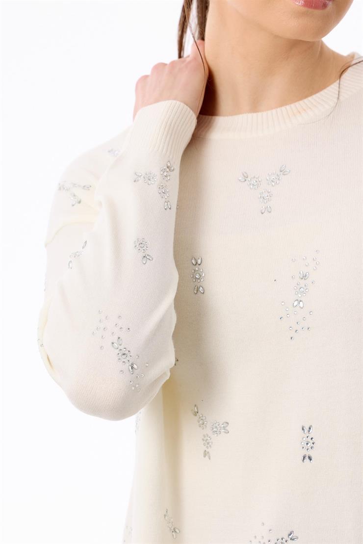 Serpme Çiçek Taşlı Tunik EKRU
