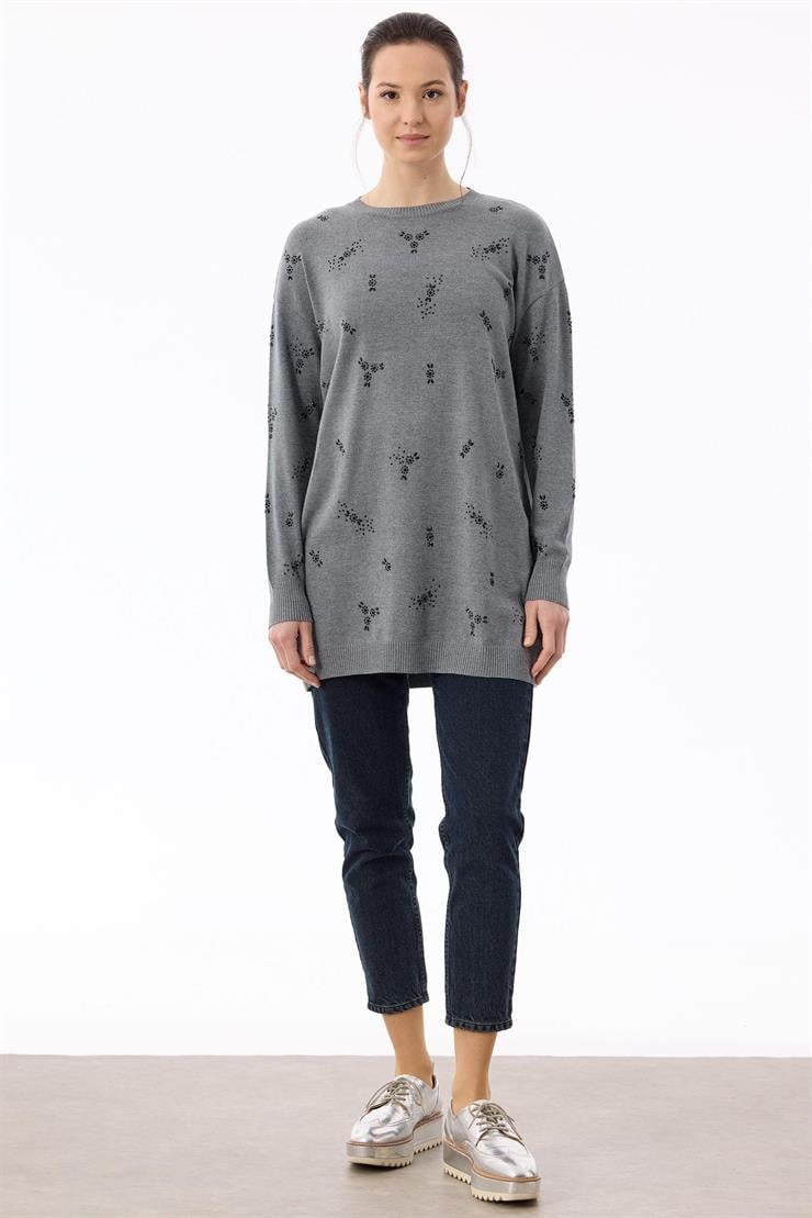 Serpme Çiçek Taşlı Tunik GRİ MELANJ
