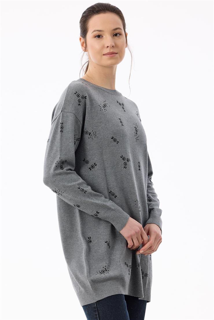 Serpme Çiçek Taşlı Tunik GRİ MELANJ