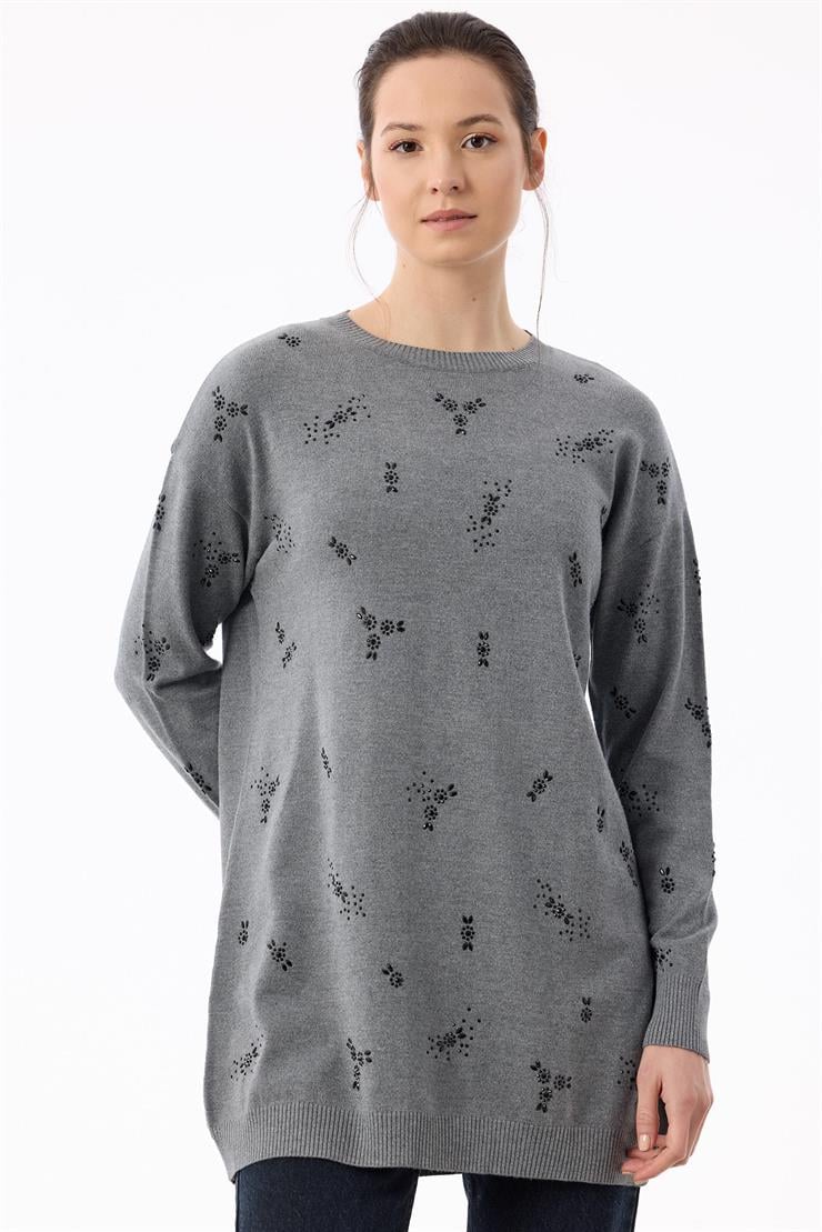 Serpme Çiçek Taşlı Tunik GRİ MELANJ