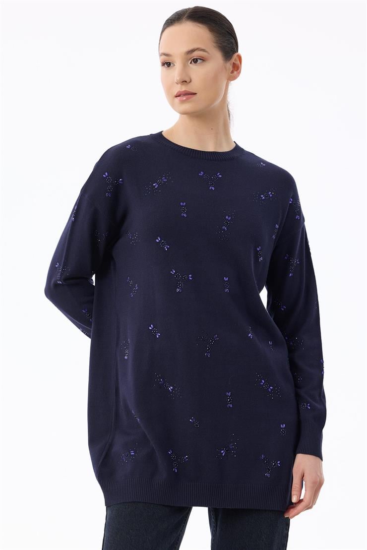 Serpme Çiçek Taşlı Tunik LACİVERT