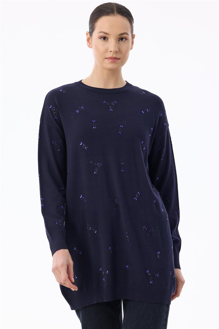 Serpme Çiçek Taşlı Tunik LACİVERT