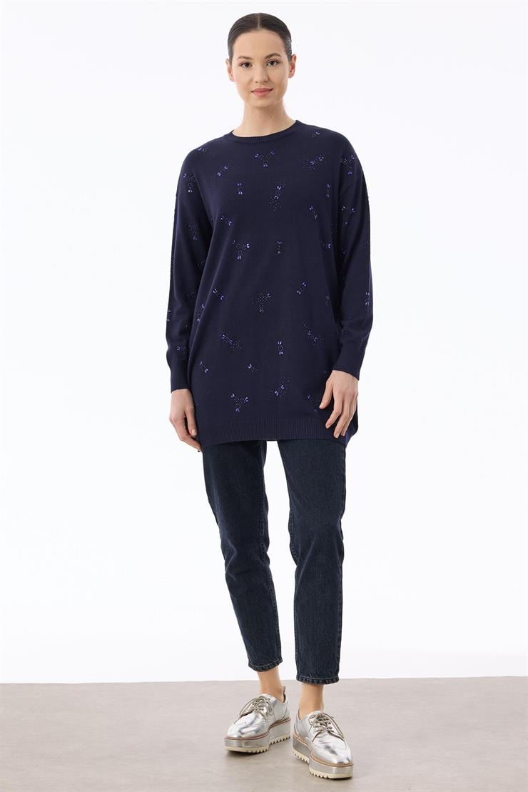 Serpme Çiçek Taşlı Tunik LACİVERT