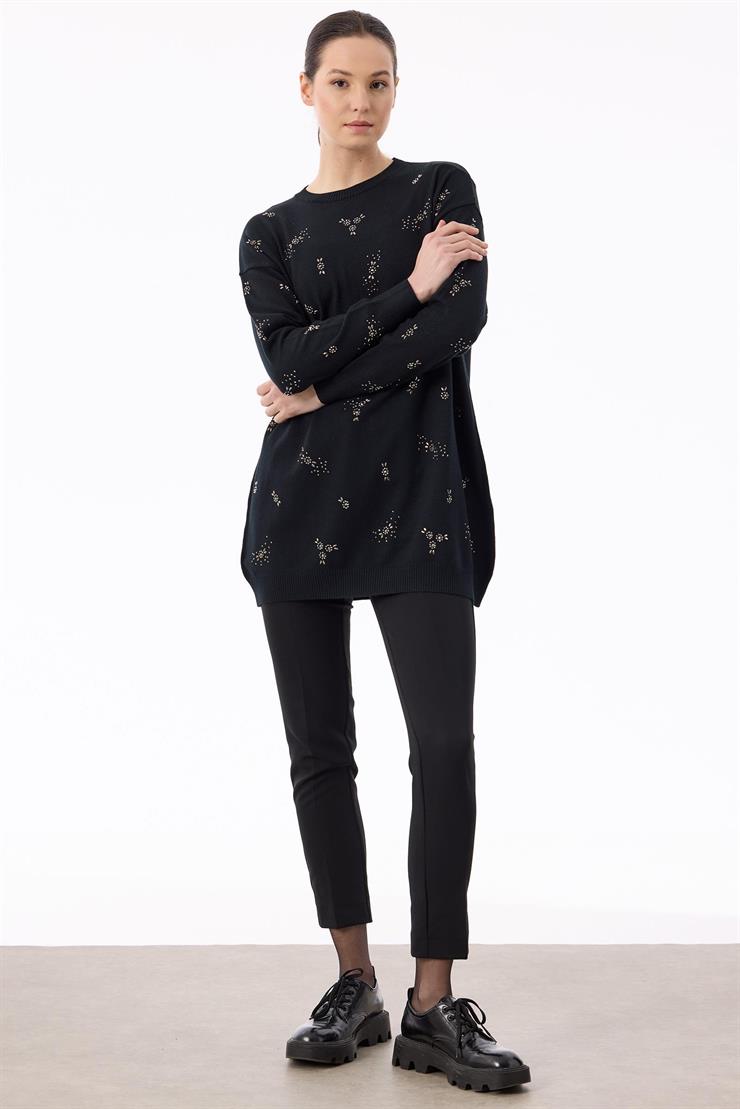 Serpme Çiçek Taşlı Tunik SİYAH