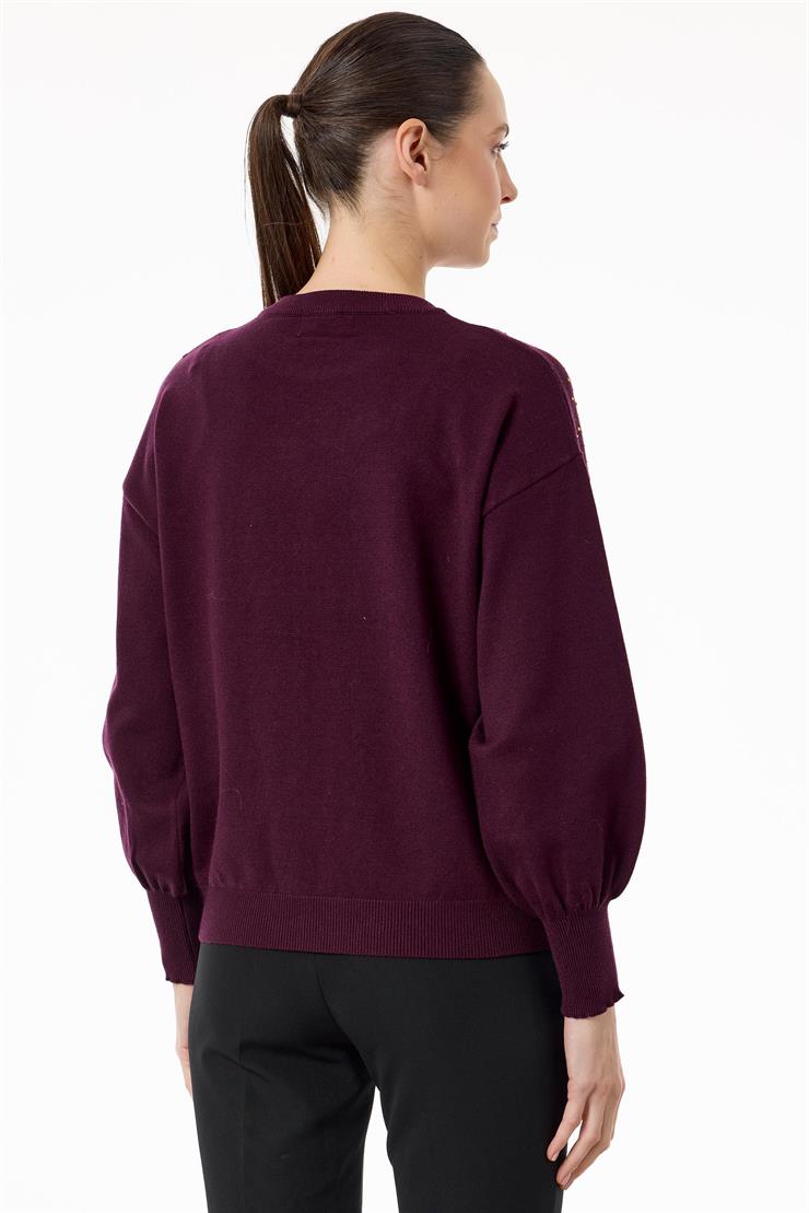 Serpme Taşlı Balon Kollu Triko Bluz KIRMIZI