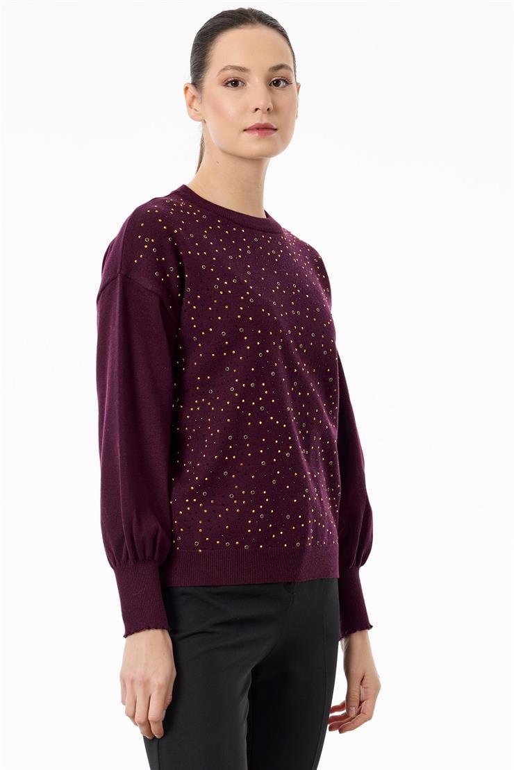 Serpme Taşlı Balon Kollu Triko Bluz KIRMIZI