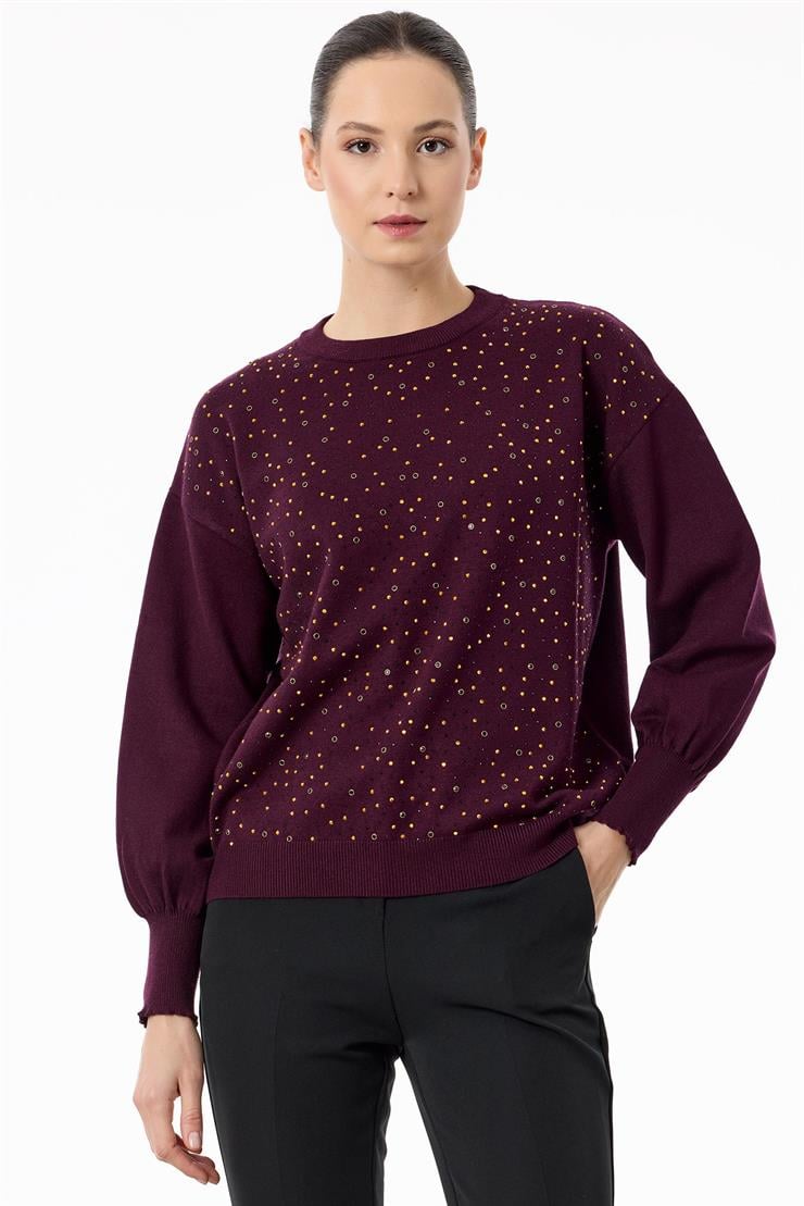 Serpme Taşlı Balon Kollu Triko Bluz KIRMIZI