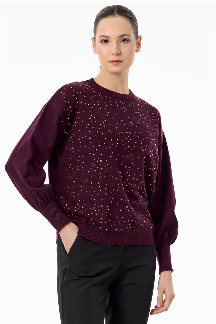 Serpme Taşlı Balon Kollu Triko Bluz KIRMIZI