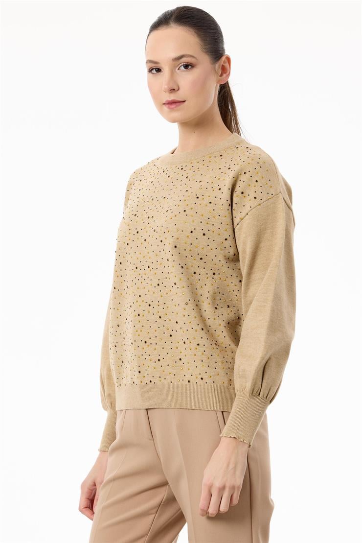 Serpme Taşlı Balon Kollu Triko Bluz HAKİ