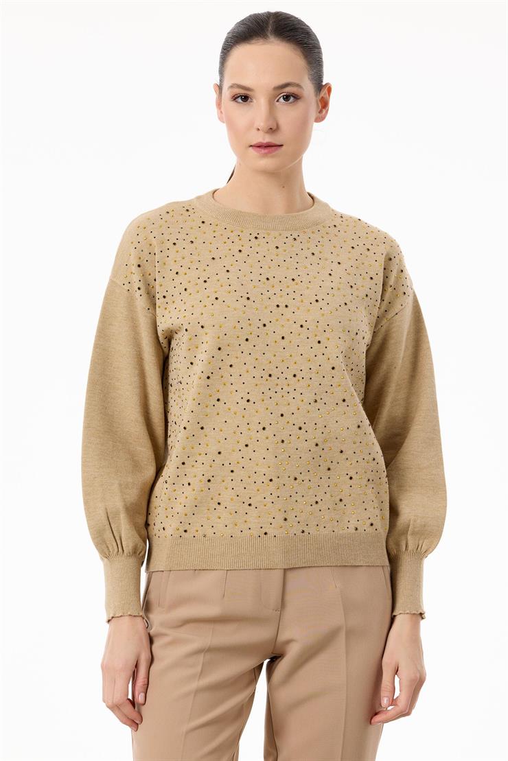 Serpme Taşlı Balon Kollu Triko Bluz HAKİ