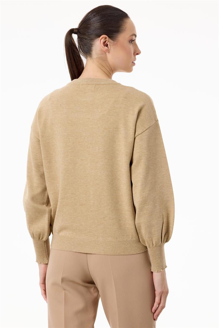 Serpme Taşlı Balon Kollu Triko Bluz HAKİ