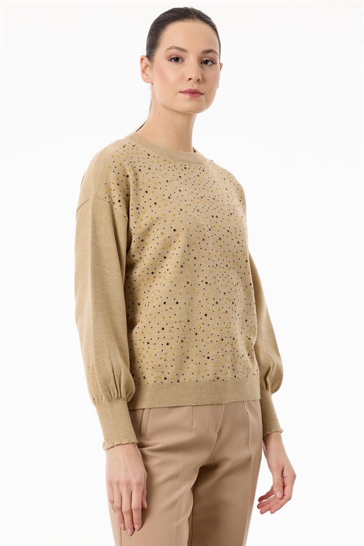 Serpme Taşlı Balon Kollu Triko Bluz HAKİ