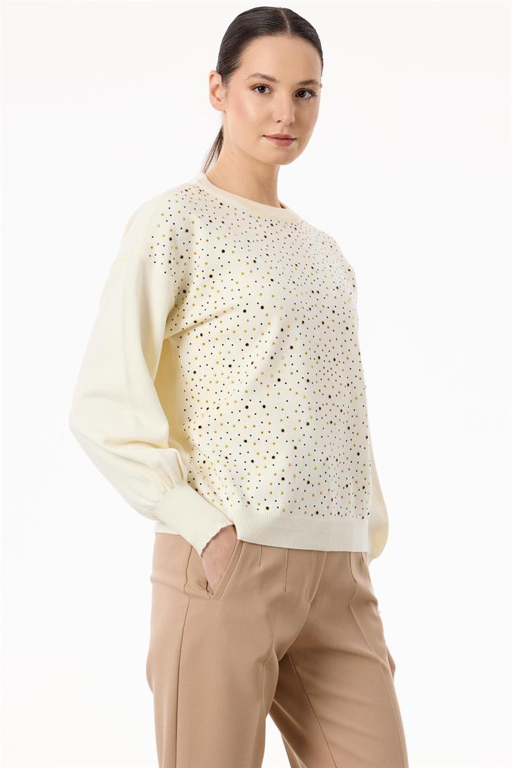 Serpme Taşlı Balon Kollu Triko Bluz BEJ