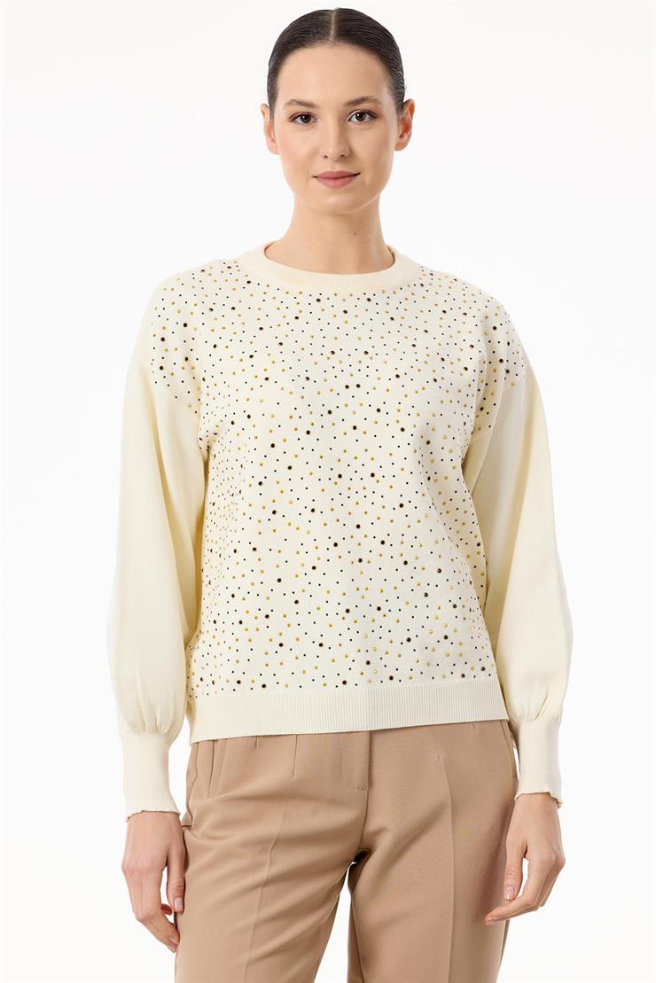 Serpme Taşlı Balon Kollu Triko Bluz BEJ