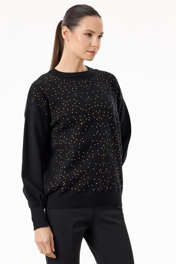 Serpme Taşlı Balon Kollu Triko Bluz SİYAH