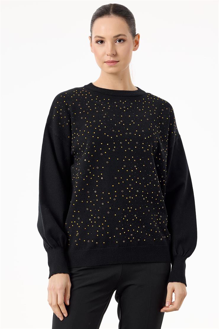 Serpme Taşlı Balon Kollu Triko Bluz SİYAH