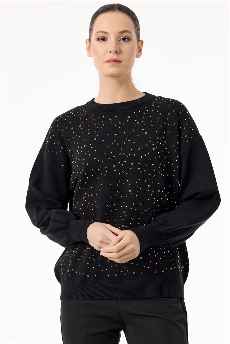 Serpme Taşlı Balon Kollu Triko Bluz SİYAH