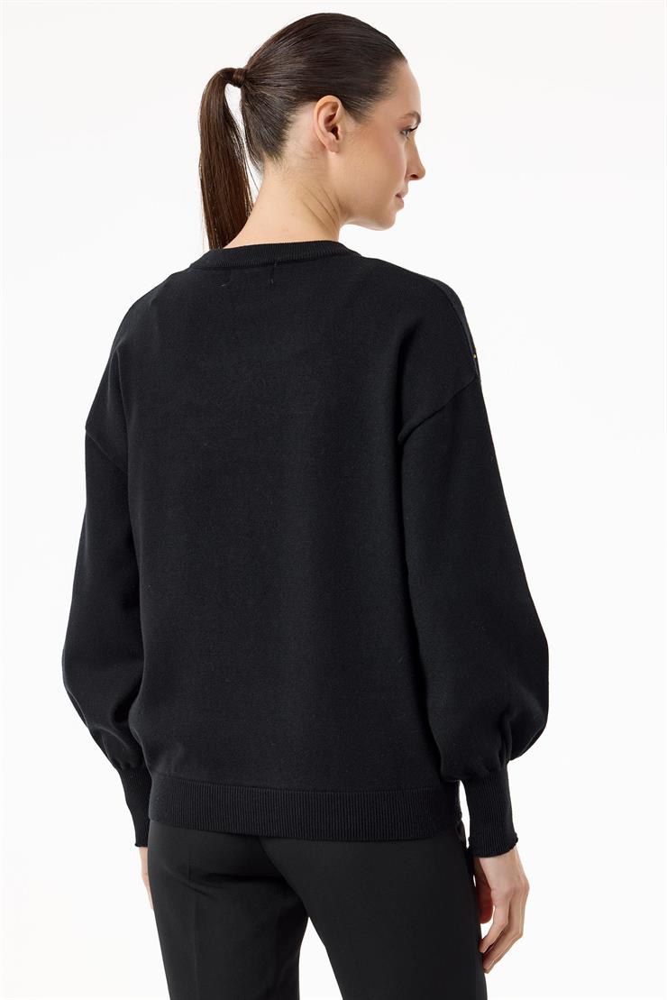 Serpme Taşlı Balon Kollu Triko Bluz SİYAH