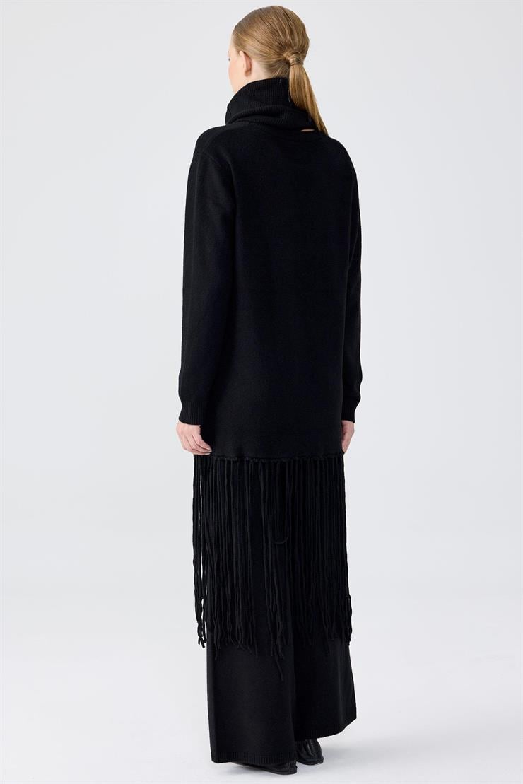 Seyyar Balıkcı Yaka Püsküllü Pantolonlu Triko Takım SİYAH