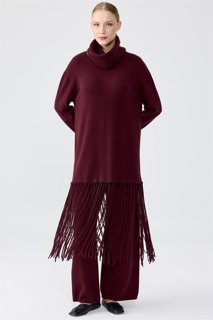 Seyyar Balıkcı Yaka Püsküllü Pantolonlu Triko Takım BORDO