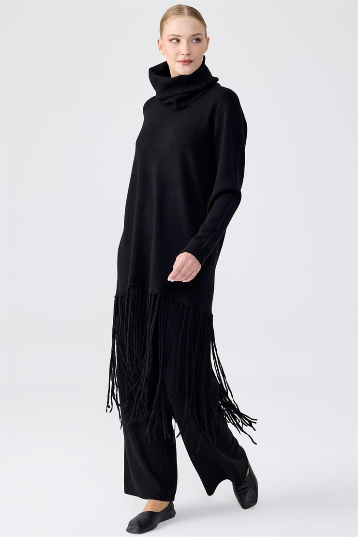 Seyyar Balıkcı Yaka Püsküllü Pantolonlu Triko Takım SİYAH