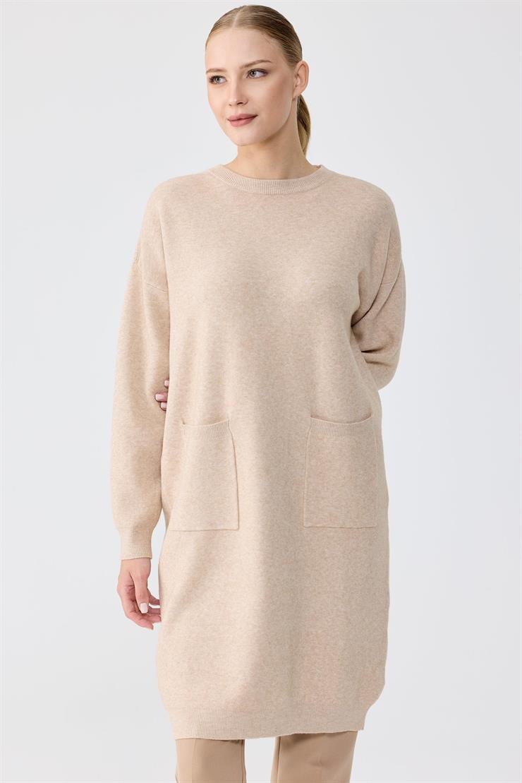 Sıfır Yaka Cepli Triko Tunik BEJ