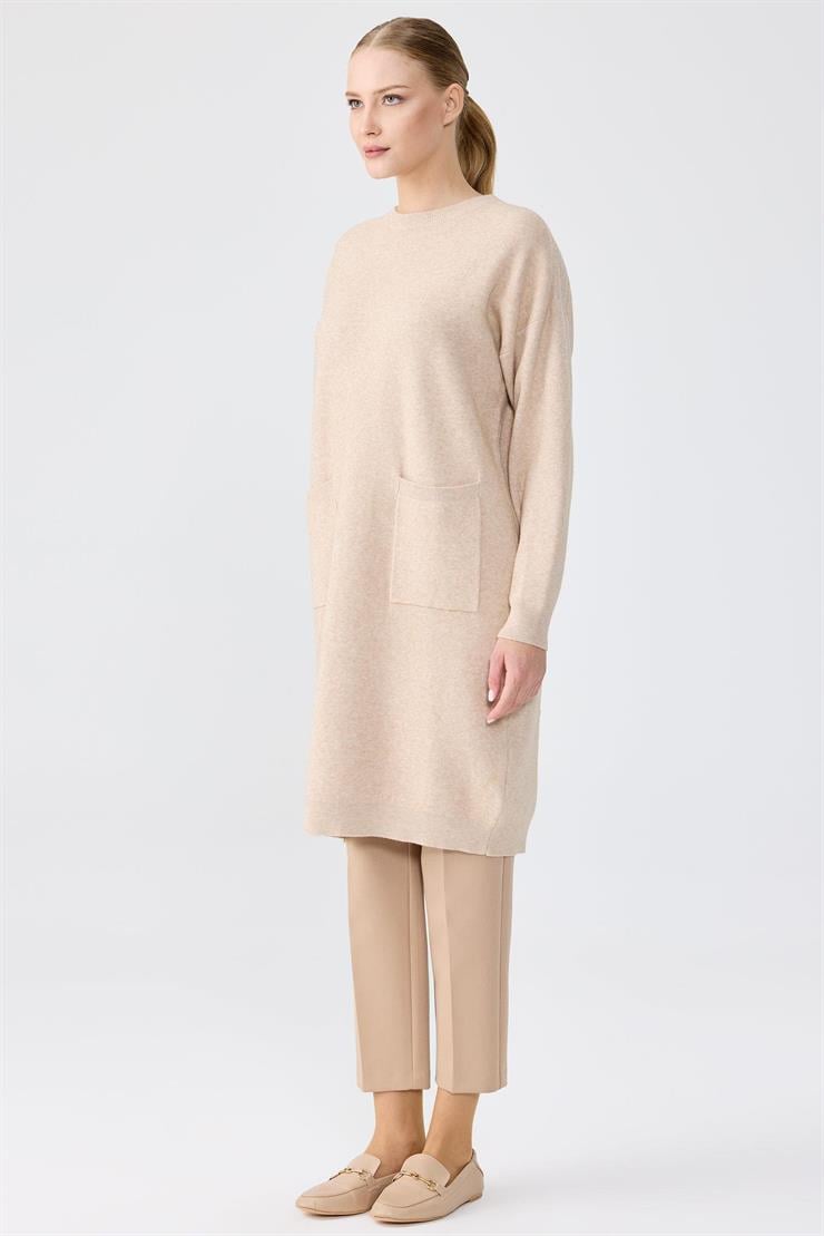 Sıfır Yaka Cepli Triko Tunik BEJ