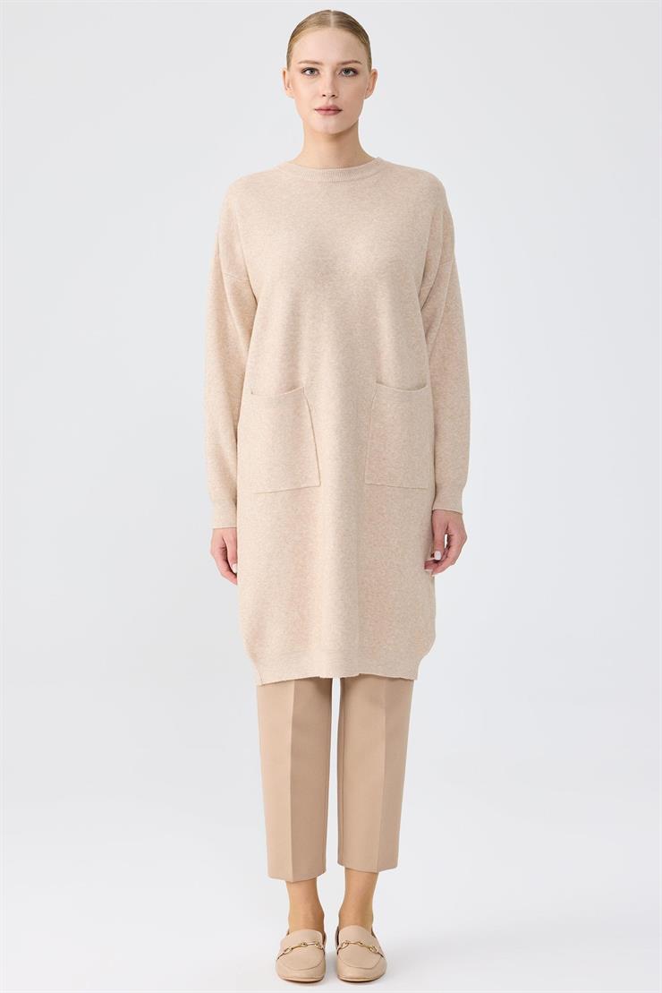 Sıfır Yaka Cepli Triko Tunik BEJ