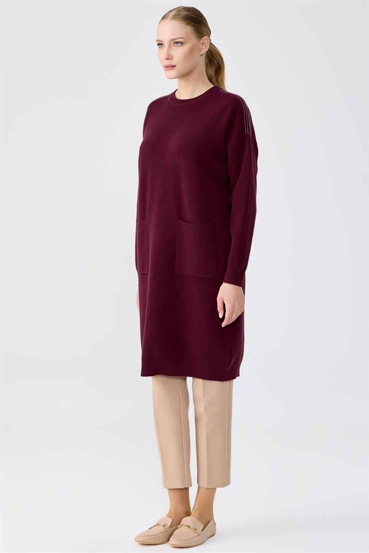 Sıfır Yaka Cepli Triko Tunik BORDO