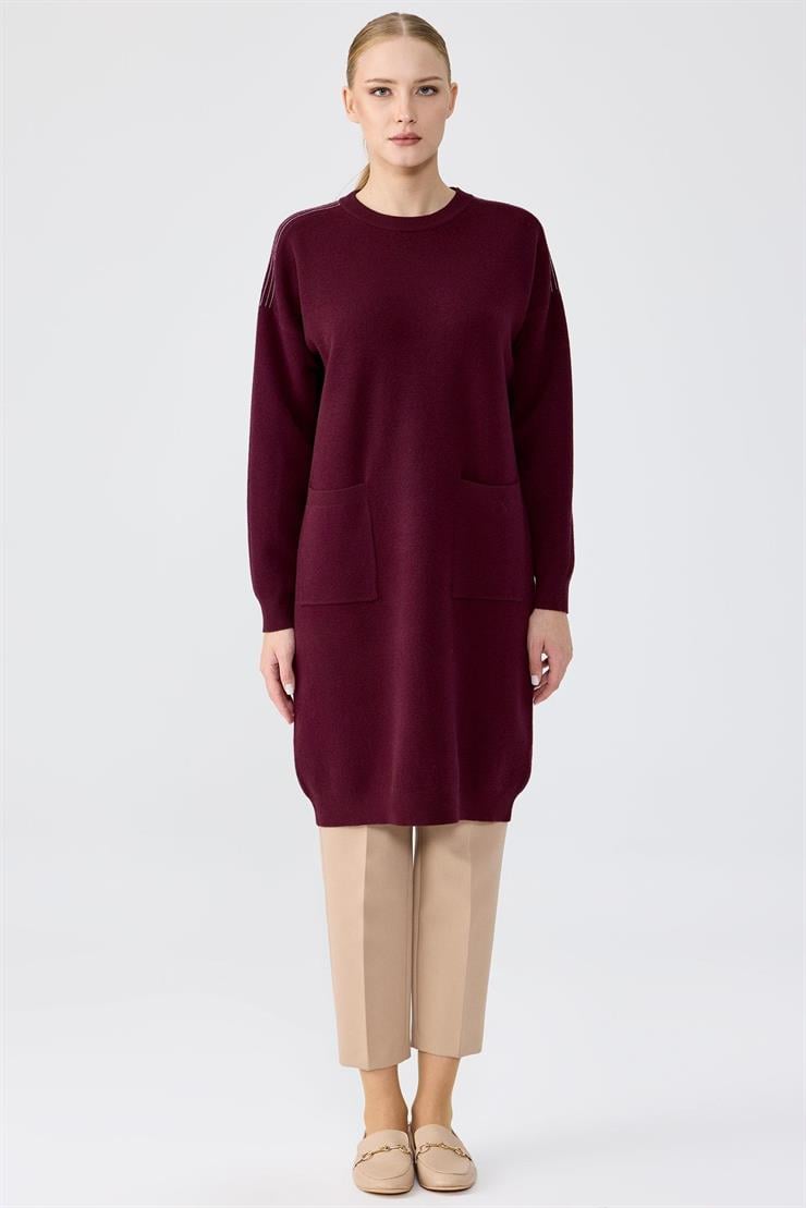 Sıfır Yaka Cepli Triko Tunik BORDO