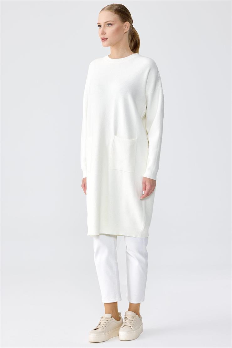 Sıfır Yaka Cepli Triko Tunik EKRU