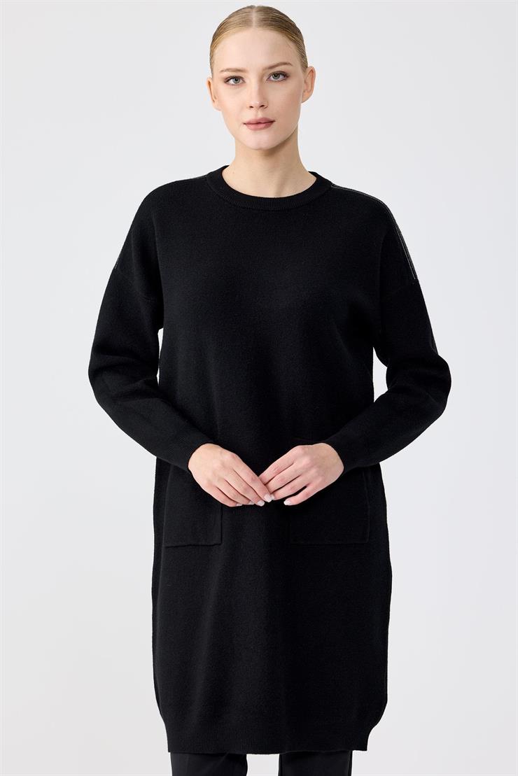 Sıfır Yaka Cepli Triko Tunik SİYAH