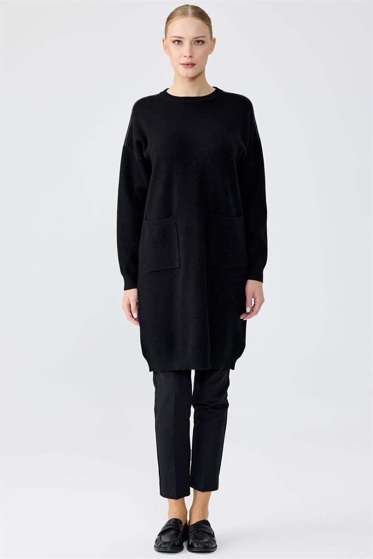 Sıfır Yaka Cepli Triko Tunik SİYAH