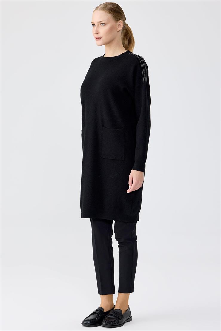 Sıfır Yaka Cepli Triko Tunik SİYAH