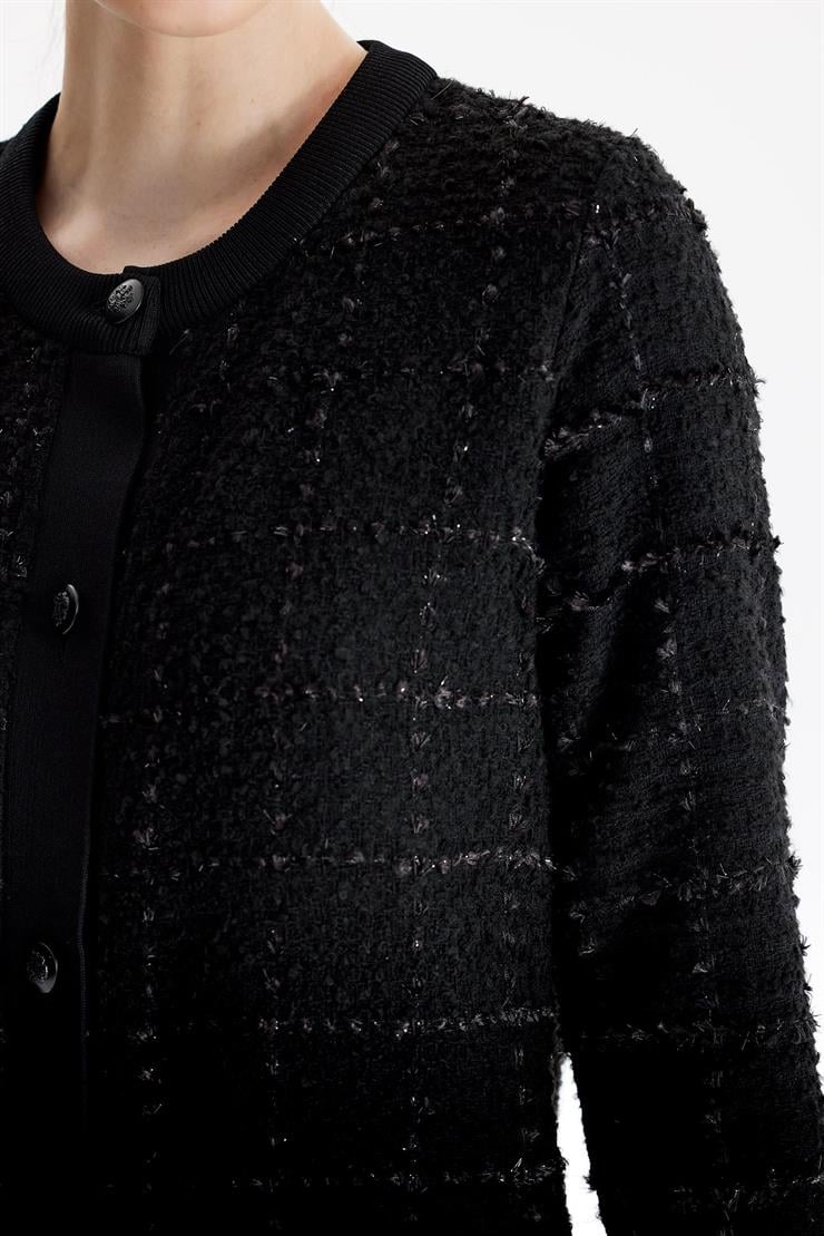 Sıfır Yaka Önden Düğmeli Tuvid Dokuma Hırka SİYAH