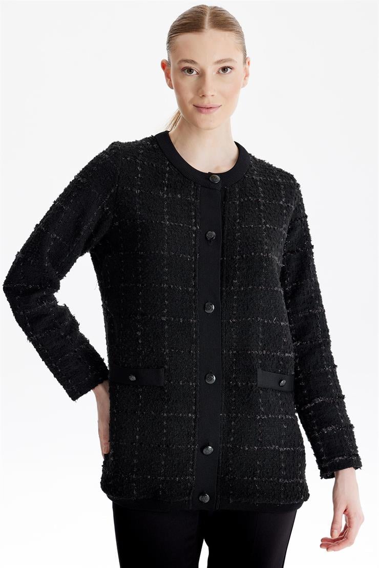 Sıfır Yaka Önden Düğmeli Tuvid Dokuma Hırka SİYAH