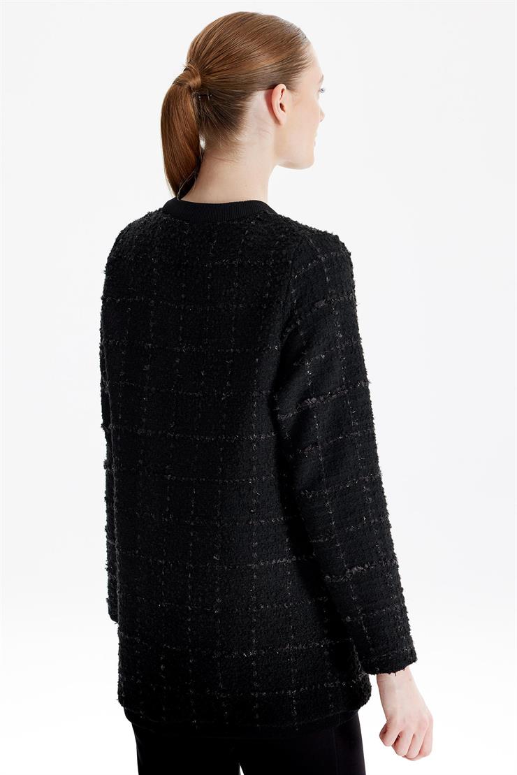 Sıfır Yaka Önden Düğmeli Tuvid Dokuma Hırka SİYAH