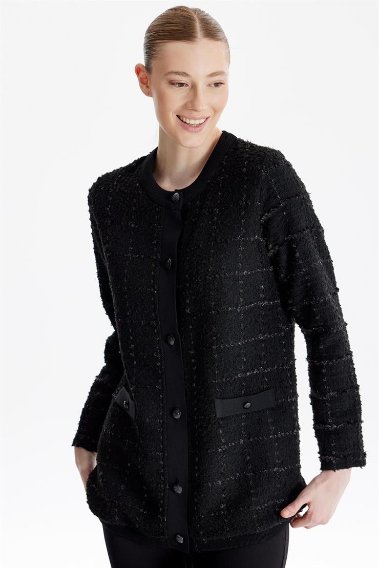 Sıfır Yaka Önden Düğmeli Tuvid Dokuma Hırka SİYAH