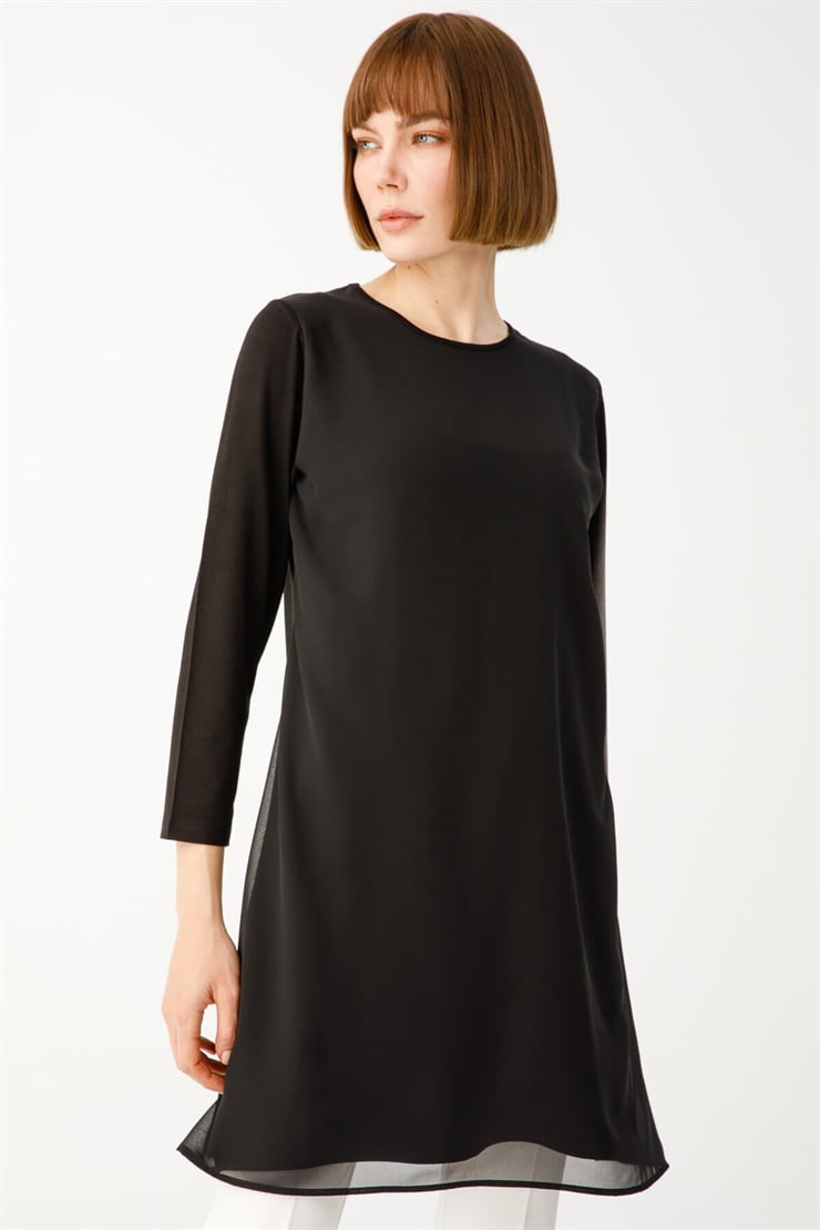 Şifonlu Penye Tunik-Siyah