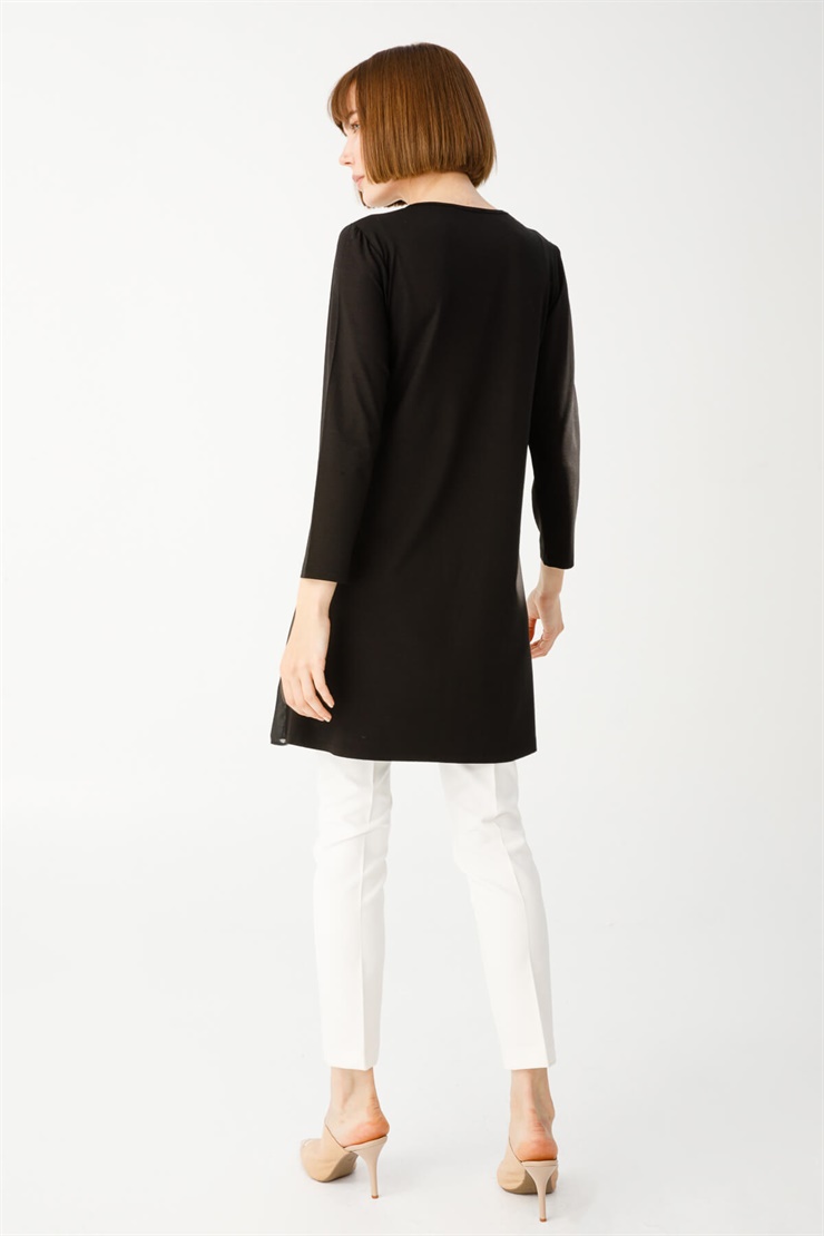 Şifonlu Penye Tunik-Siyah