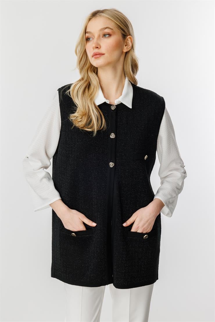 Sim Detaylı Düğmeli Triko Yelek-SİYAH