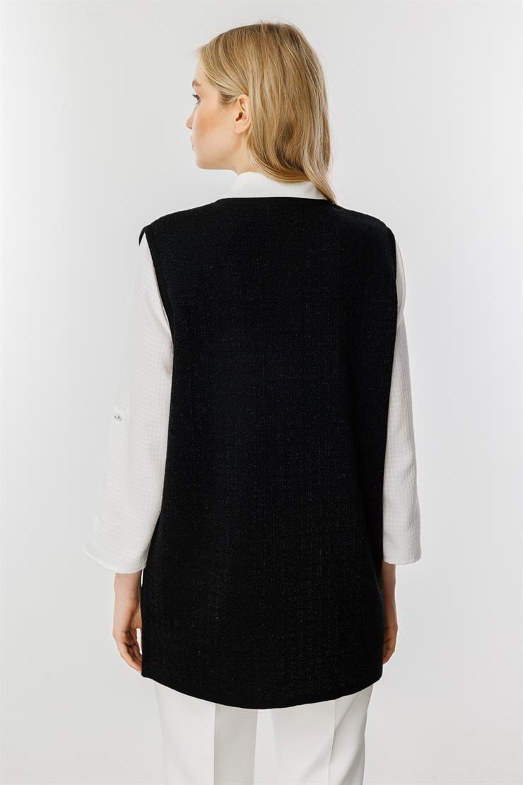 Sim Detaylı Düğmeli Triko Yelek-SİYAH