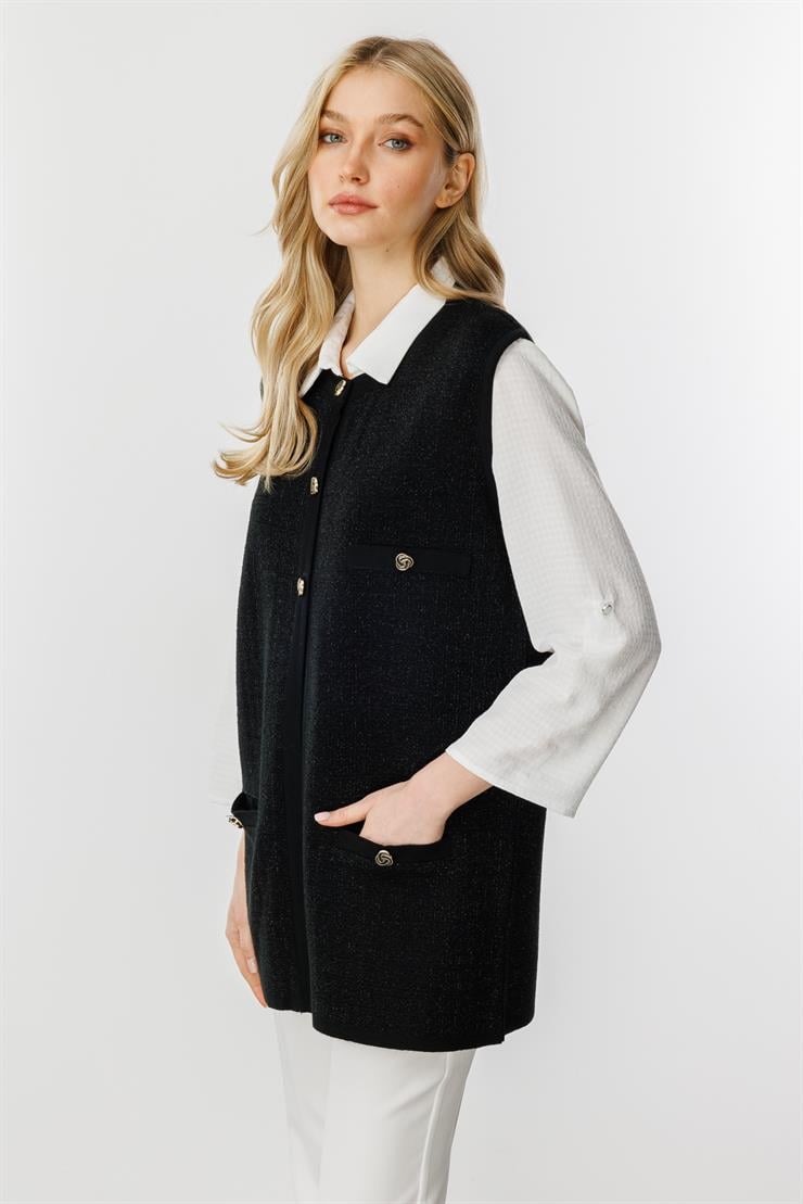 Sim Detaylı Düğmeli Triko Yelek-SİYAH