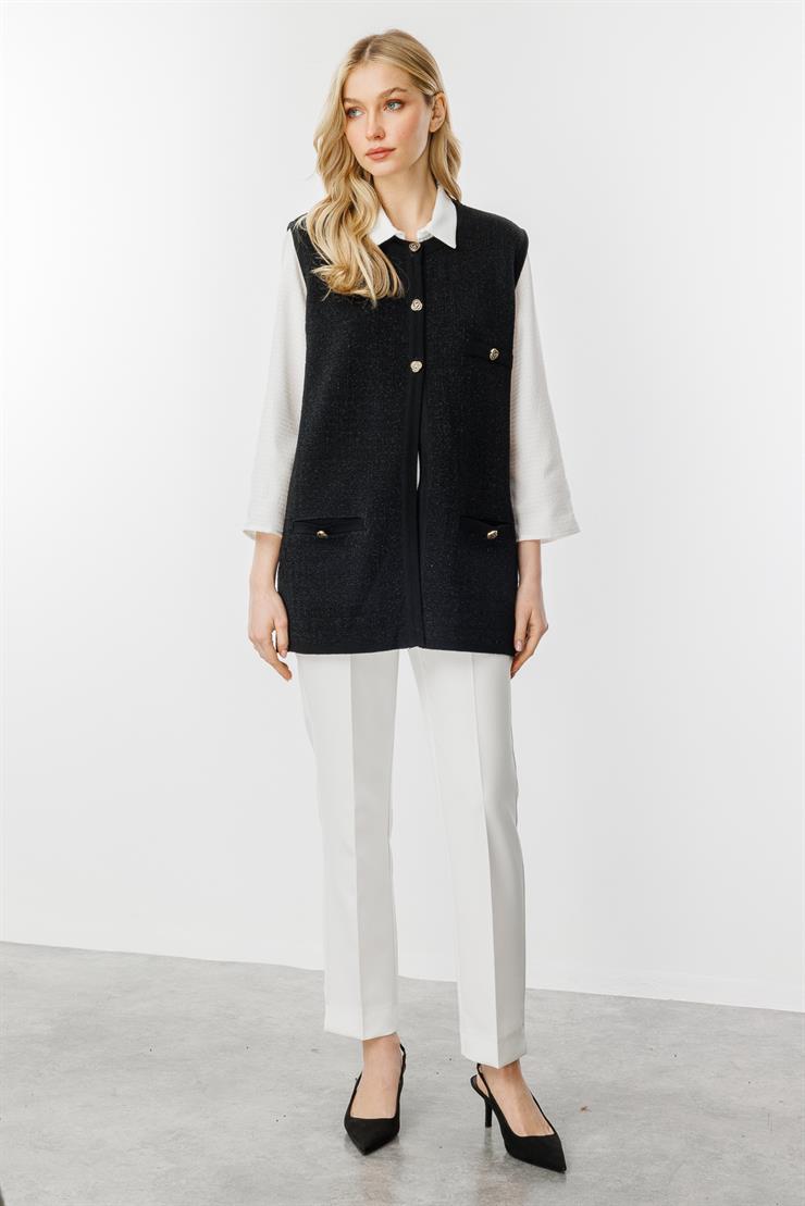Sim Detaylı Düğmeli Triko Yelek-SİYAH
