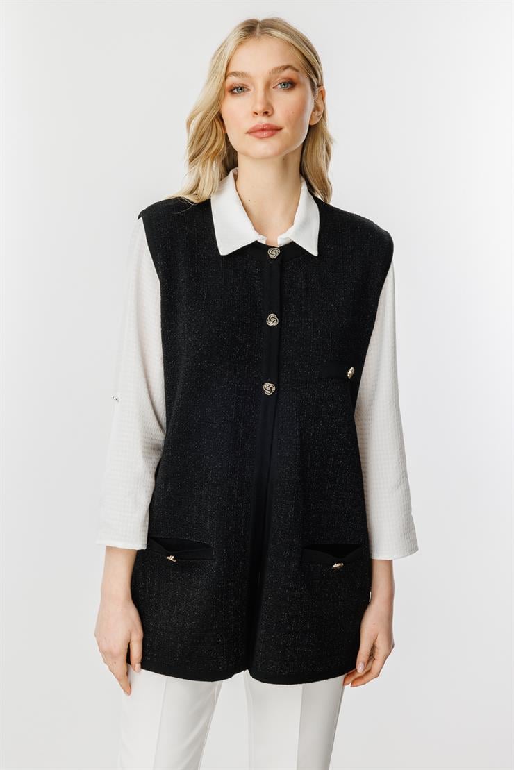 Sim Detaylı Düğmeli Triko Yelek-SİYAH