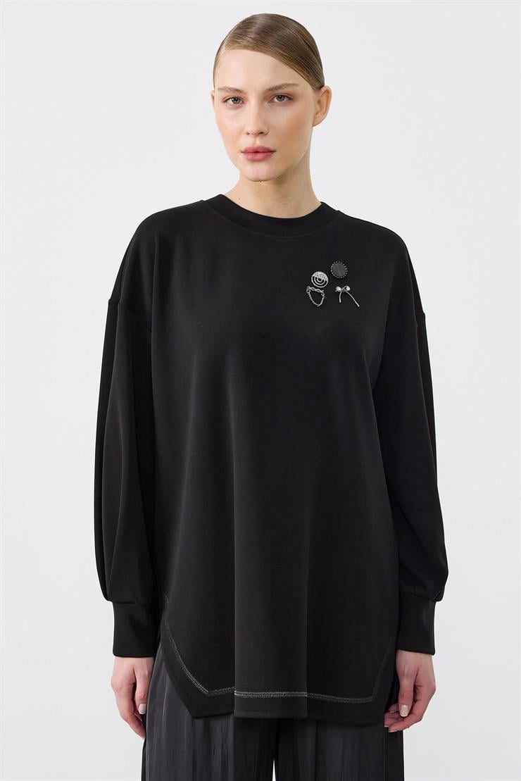 Sim Karyoka Dikişli Arkası Plikaşe Detaylı Saten Pantolonlu Takım SİYAH